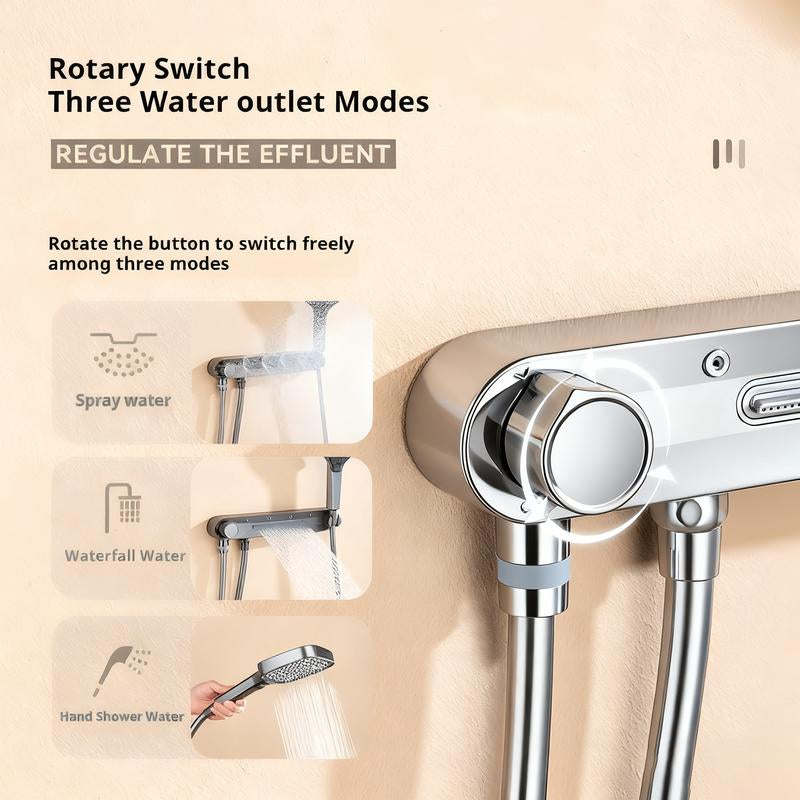 Multifunctional Back-Spray Waterfall Shower Head Drill-Free Wall Mount Bathroom Adjustable 3-Function Contemporary Minimalist Durable High-Quality Finish Handheld for Apartment Living